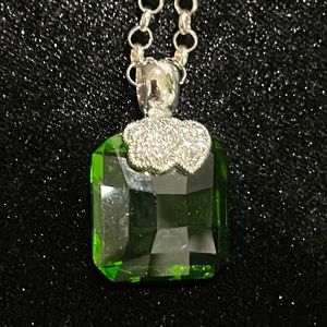 #11 Vintage Pendant, Green Princess cut Stone/Clear Crystal Accents, 925, 16"